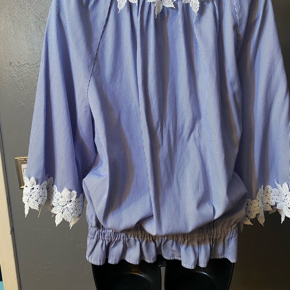NWOT BEDFORD FAIR Blue and White Pinstripe Cotton Embroidered Trim Blouse - Picture 6 of 16